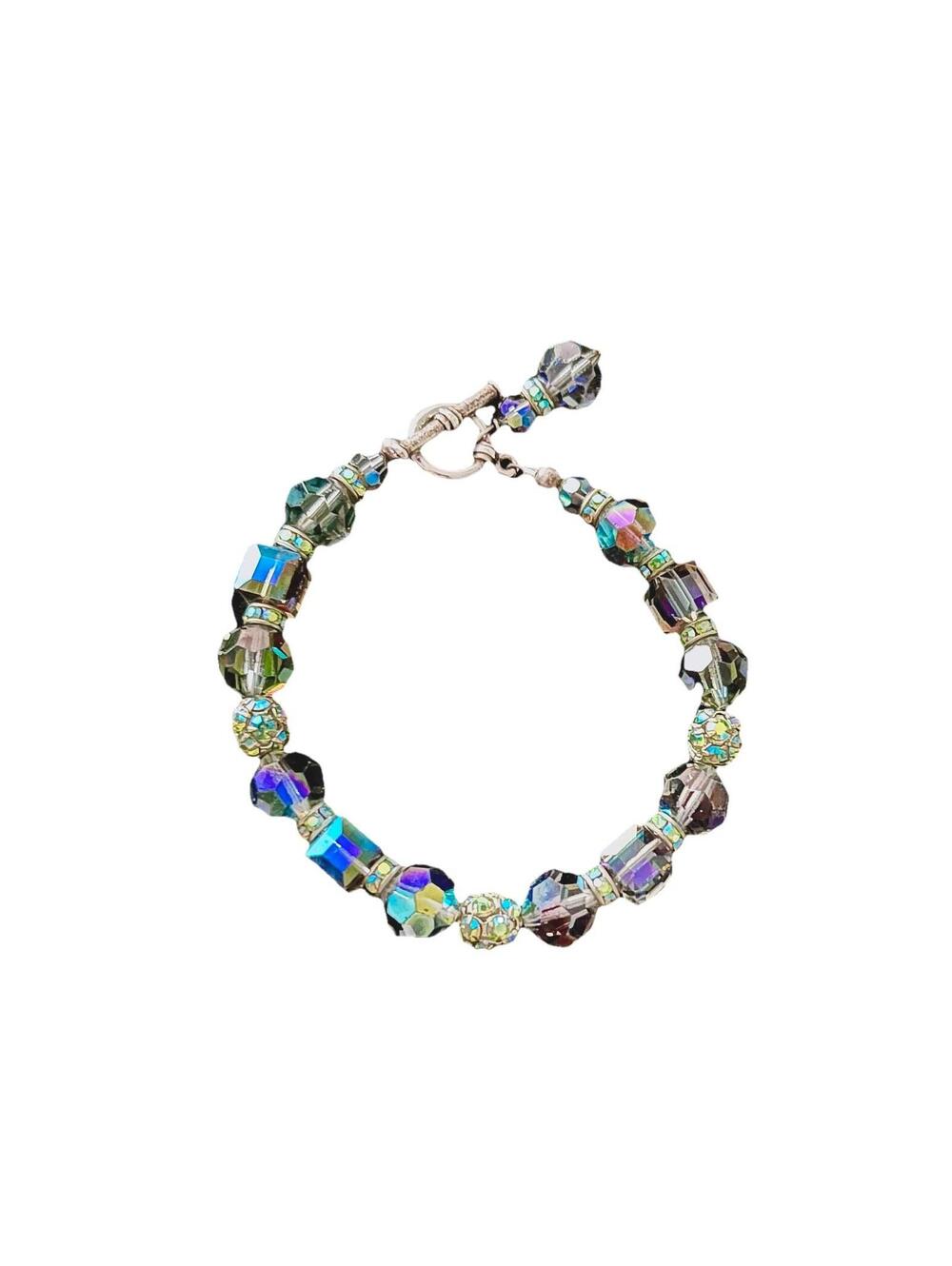 Artisan Made Sterling Silver Swarovski Iridescent Crystal Beaded Bracelet 8”